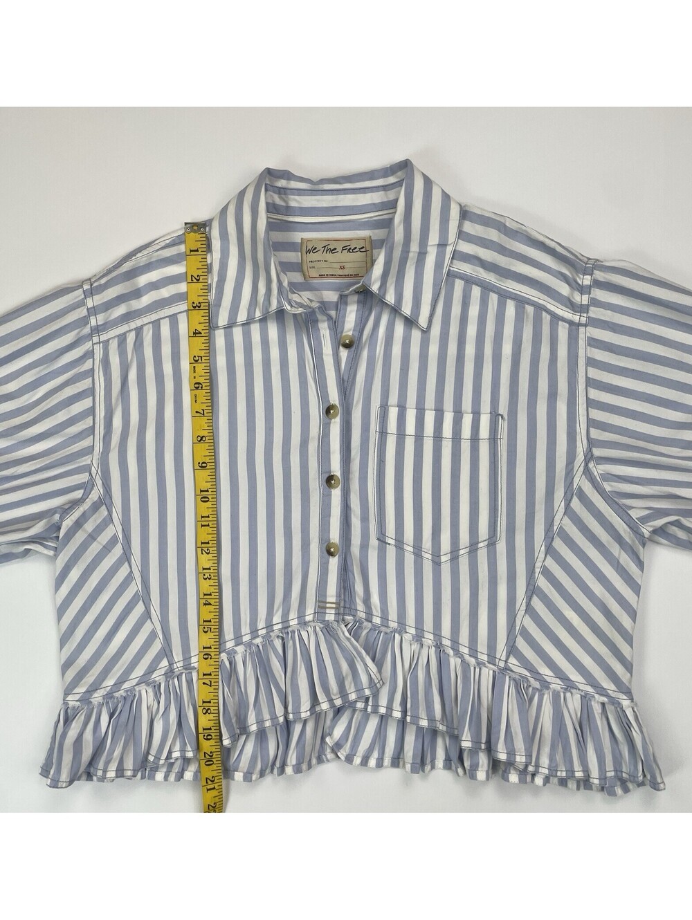 Free People We The Free Bailey Stripe Shirt Blue Cropped Ruffle Blouse XS - Picture 7 of 8